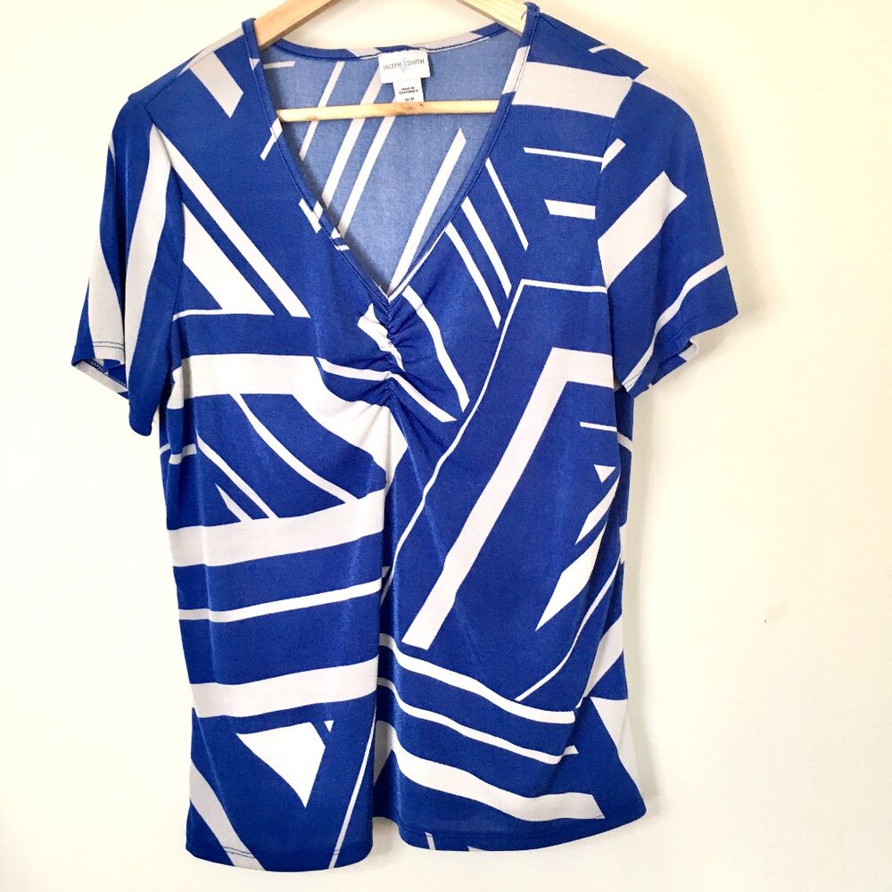 Jaclyn Smith, blue & gray color top , v neck, M